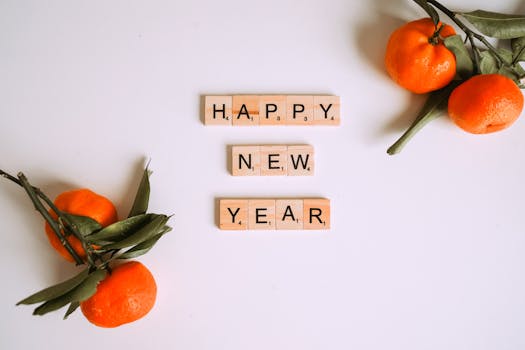 Happy New Year message with Scrabble tiles and fresh mandarins for festive decor.