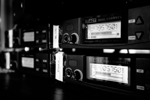 Close-up of dual channel professional wireless microphone receivers in black and white.