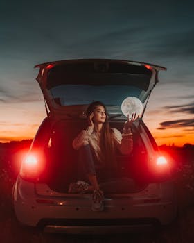 A woman seated in a car trunk holding a glowing moon against a vibrant sunset backdrop.