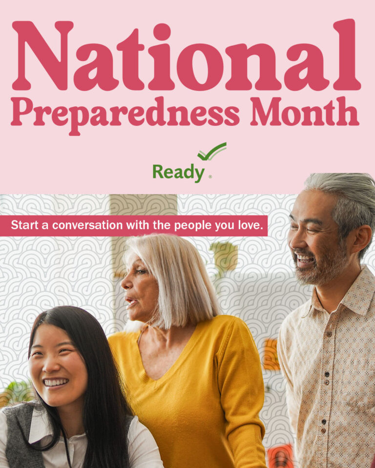National Preparedness Month flyer from ready.gov. It features 3 members of a family sitting together and smiling.