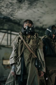 Two people in gas masks explore an abandoned, dystopian environment in survival gear.
