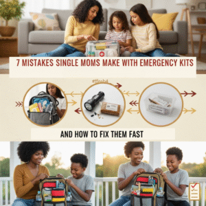 Poster Style graphic showing three different moms with their kids working on their emergency kits