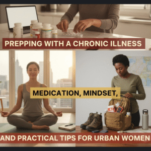A collage of three pics: the top shows a woman from the shoulders down sorting through medications, the bottom left shows a woman in a yoga pose; the bottom right a woman assembling meds for a go-bag