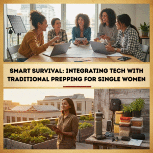 photo containing two images. The top shows a group of women at a table talking; the bottom pic is of a woman standing in her terrace garden with various gadgets and dry food in containers on a table behind her.