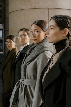 Group of diverse women in fashionable coats and glasses exuding confidence and style.