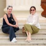 women, friends, casual, glasses, posing, outdoors, building, stairs, sunny, lifestyle