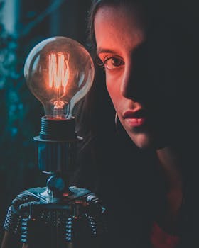 A thoughtful woman beside an illuminated Edison bulb creating a dramatic mood.