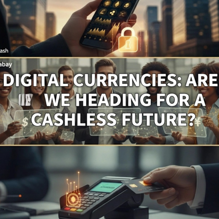 three image split: top pic is of a hand holding a cell phone with a cityscape in the background; the middle pic is a group of business women around a table in a conference room; the bottom is of a credit card reader.